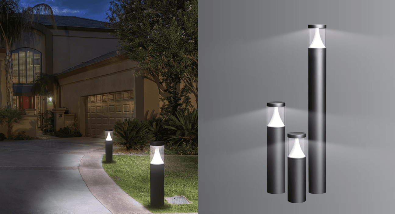 Split image — conical bollard lights along a curved driveway before a Mediterranean-style house at dusk on the left, three grey bollard renders on the right