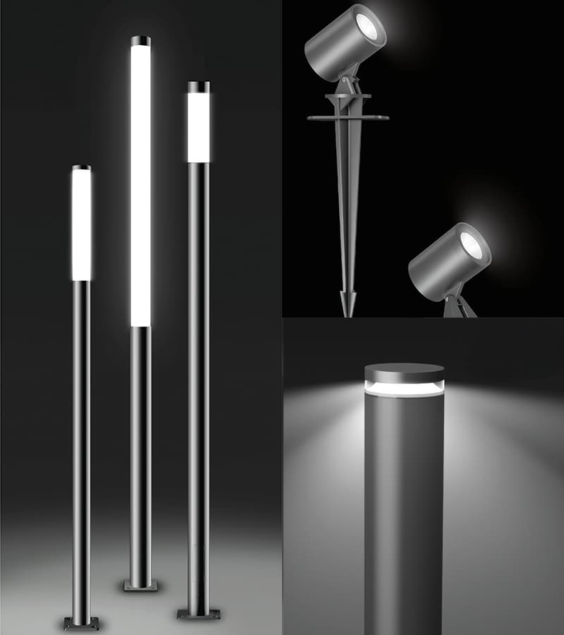 Collage — illuminated cylindrical bollards on the left, two spike-mounted adjustable garden spotlights top right, a round bollard detail bottom right