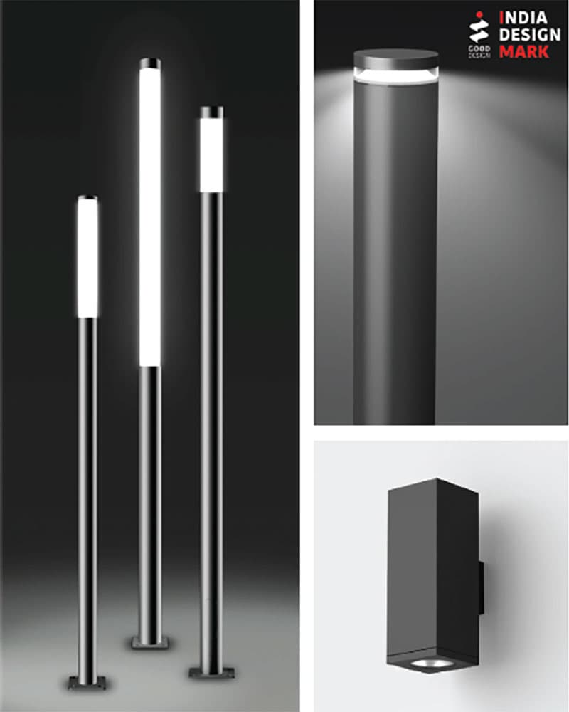 Collage of illuminated cylindrical bollards, a round bollard detail and a square up/down wall luminaire, with an 'India Design Mark / Good Design' badge overlaid