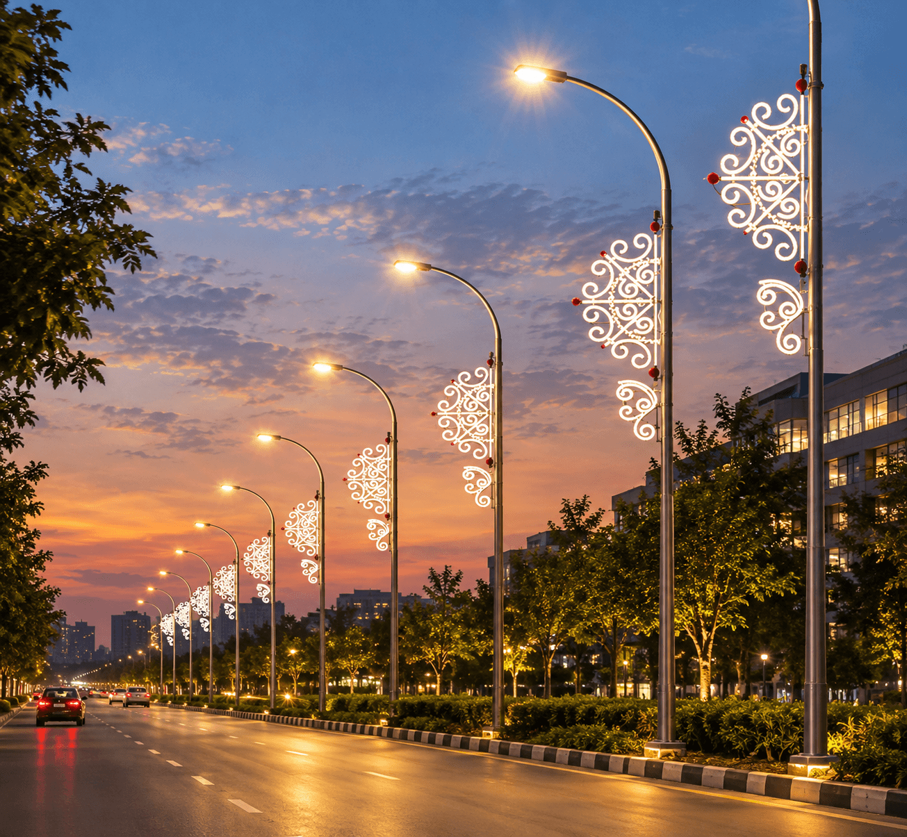Avenue of decorative columns carrying illuminated scroll-pattern medallions at dusk