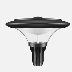 Dark circular disc-form post-top area luminaire with a flared translucent diffuser on a pole spigot