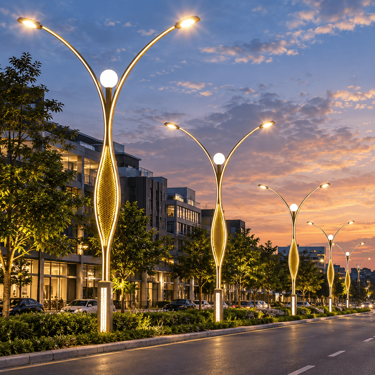 Decorative column with a golden honeycomb-textured shaft and twin curved arms along an avenue at dusk