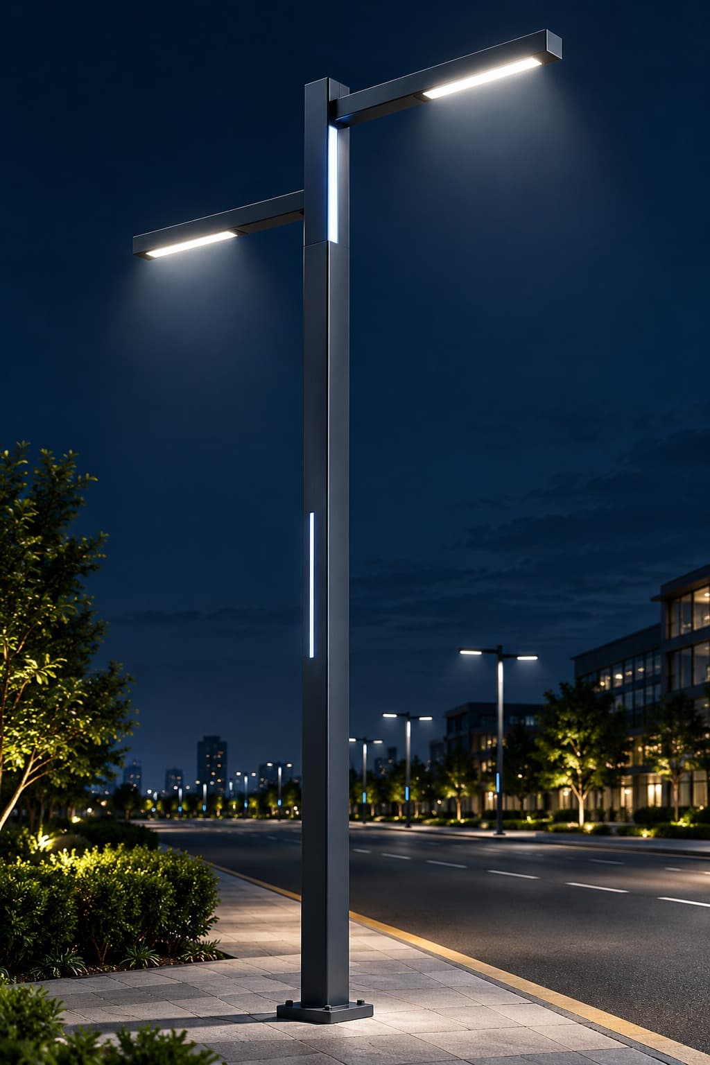 Twin-arm street pole with white luminaires and blue vertical accent lighting