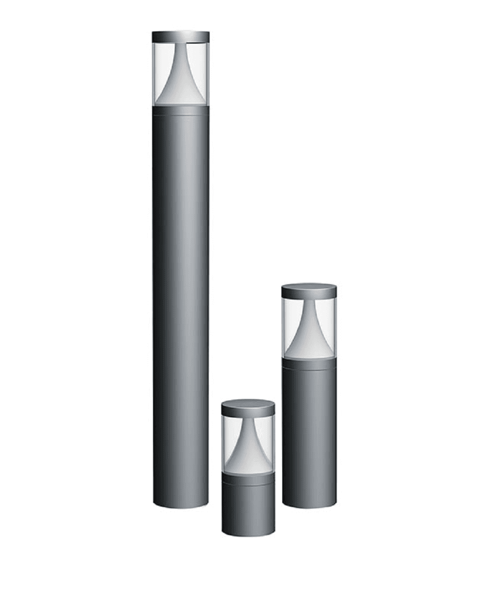 Three dark-grey cylindrical LED bollard luminaires at graduated heights, clear diffuser rings, on a plain white field