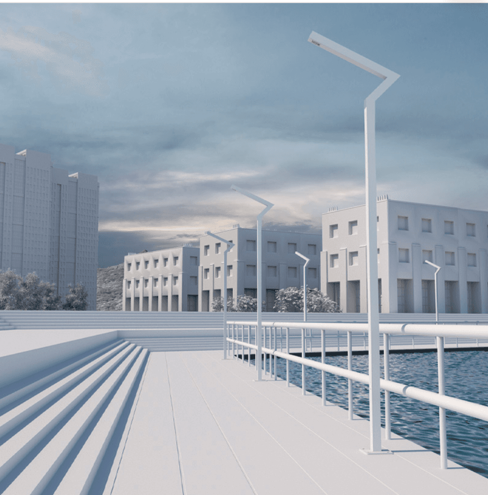 White angular linear lighting columns along a stepped waterfront plaza in an architectural concept render