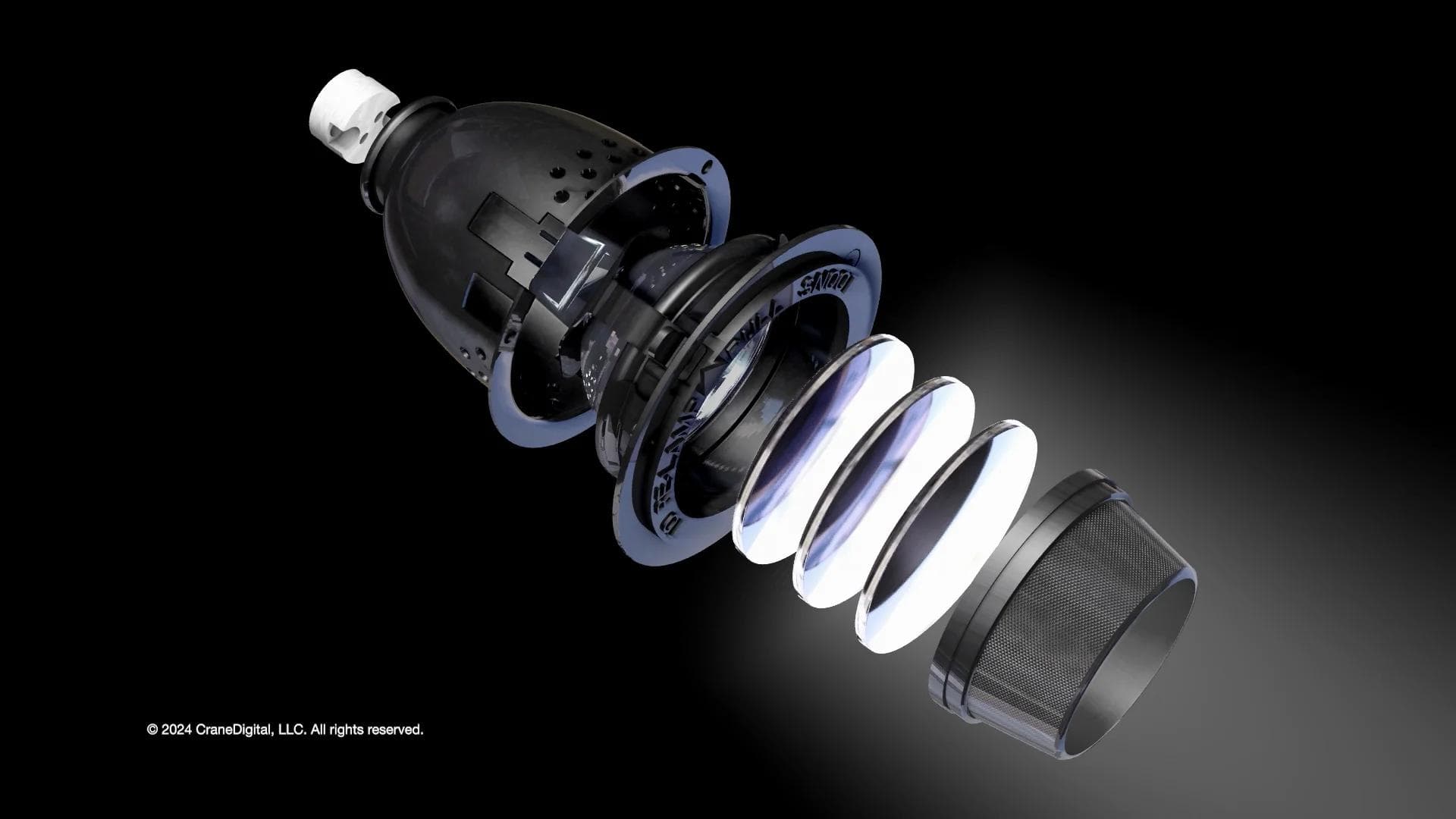 Exploded 3D render of a luminaire housing and lens stack floating on black, with a copyright watermark