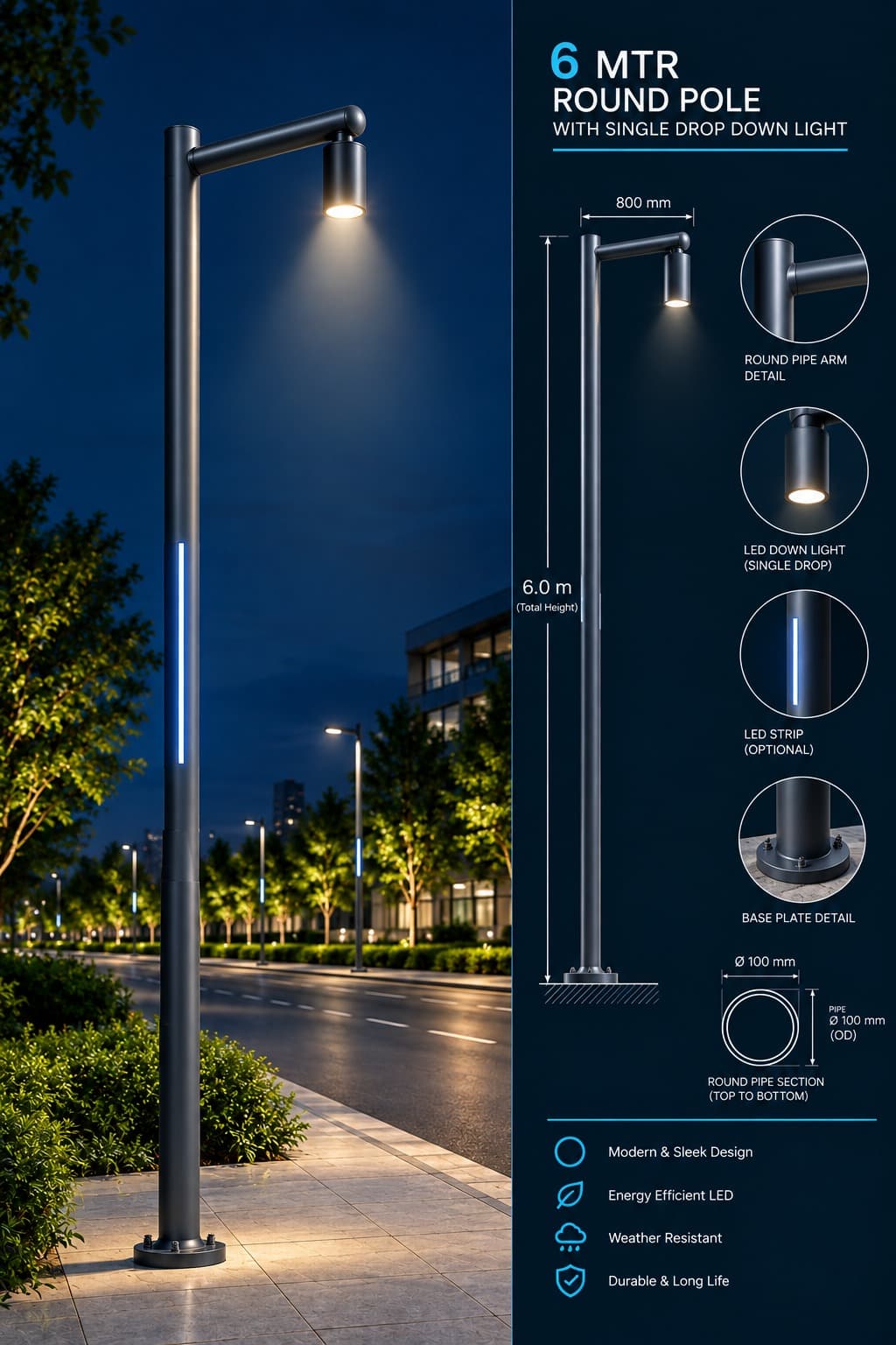 Supplied design sheet for a six-metre round pole with a single drop-down light, showing dimensions and construction details