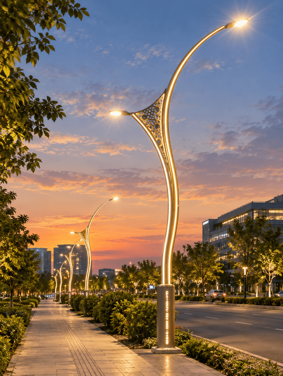 Sculptural curved lighting column with a perforated brass node along a tree-lined avenue at dusk