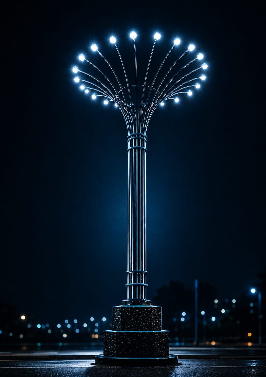 Sculptural light installation with radiating illuminated branches over a plaza at night