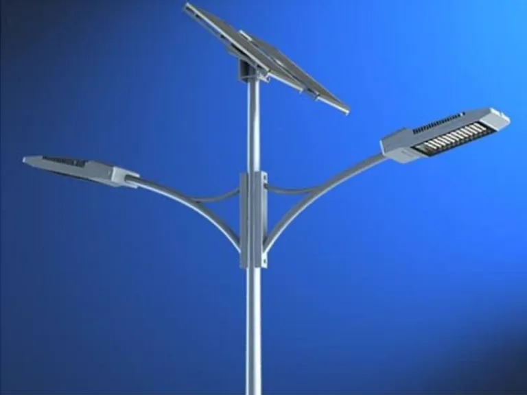 Solar street light with twin LED heads and a tilted photovoltaic panel