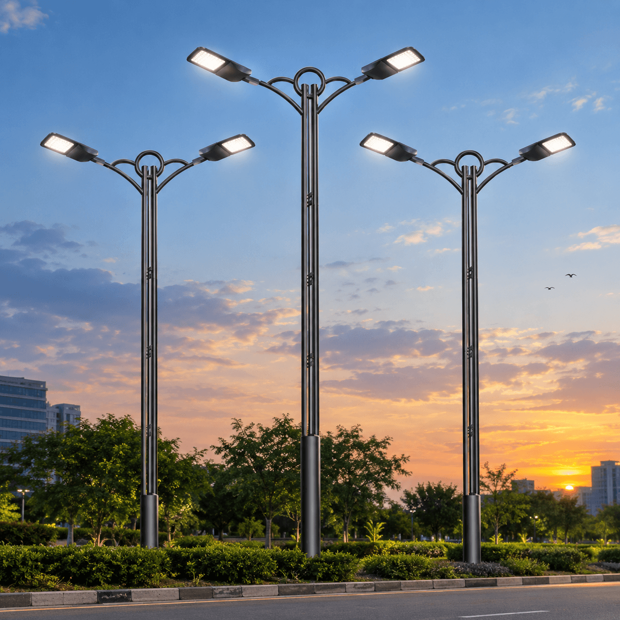 Twin-arm street columns with a ring motif at the crown, lighting a road at dusk