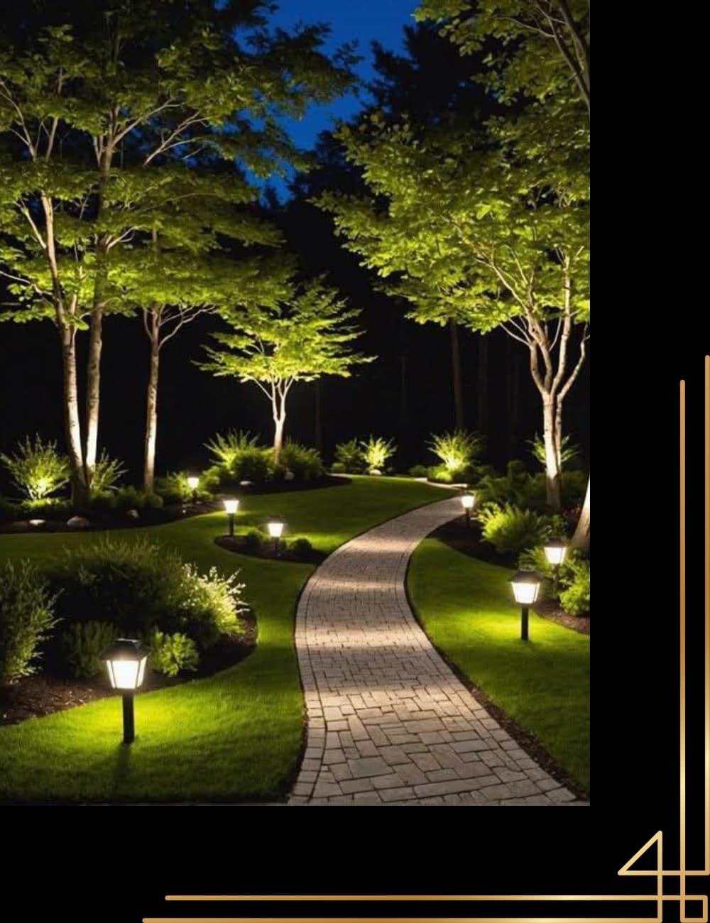 Landscaped garden path at night with bollard lights and tree uplighting