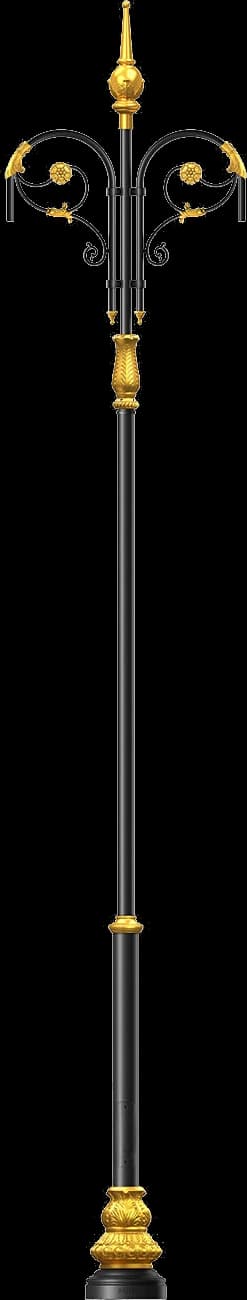 Ornamental cast double-arm lighting column in black with a gilded finial, twin scroll arms and an acanthus base, on a transparent background